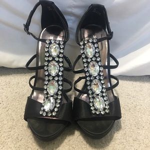 Black rhinestone Bling T Strap Stiletto Heel